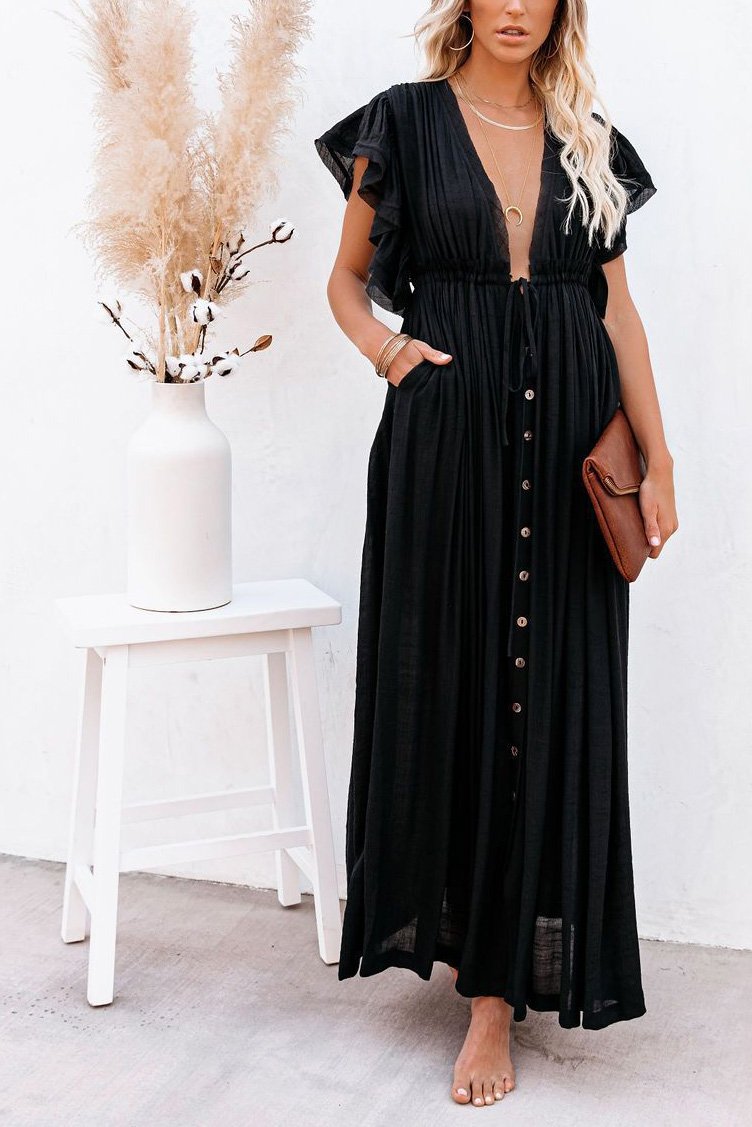 Solid Buttoned Waist Cord Maxi Dress