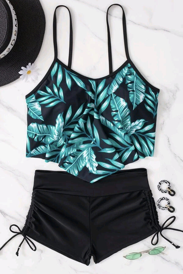 Tropical Print Hanky Hem Drawstring Bikini Swimsuit