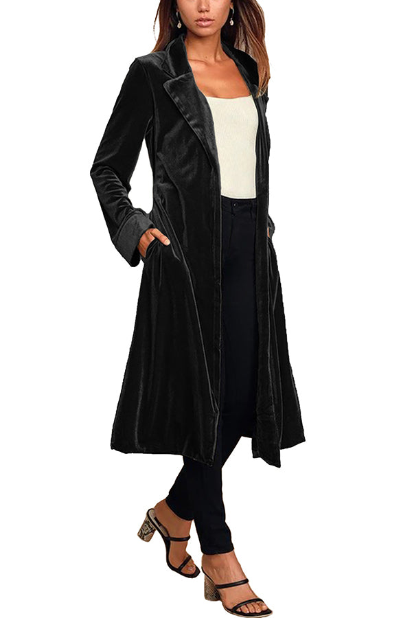 Downtown Elegance Pocketed Belt Velvet Midi Coat