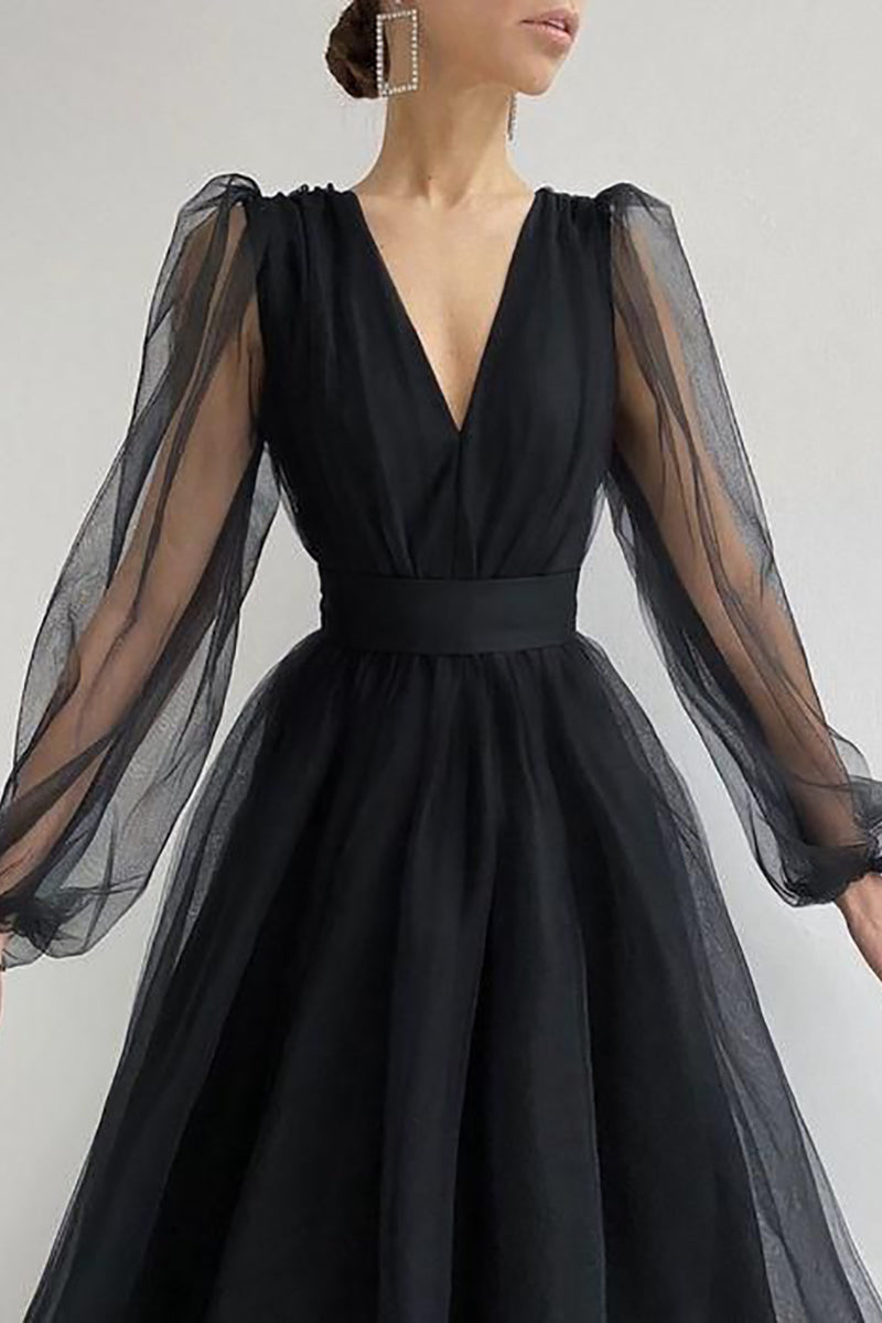 V Neck Tulle Long Sleeve Midi Dress