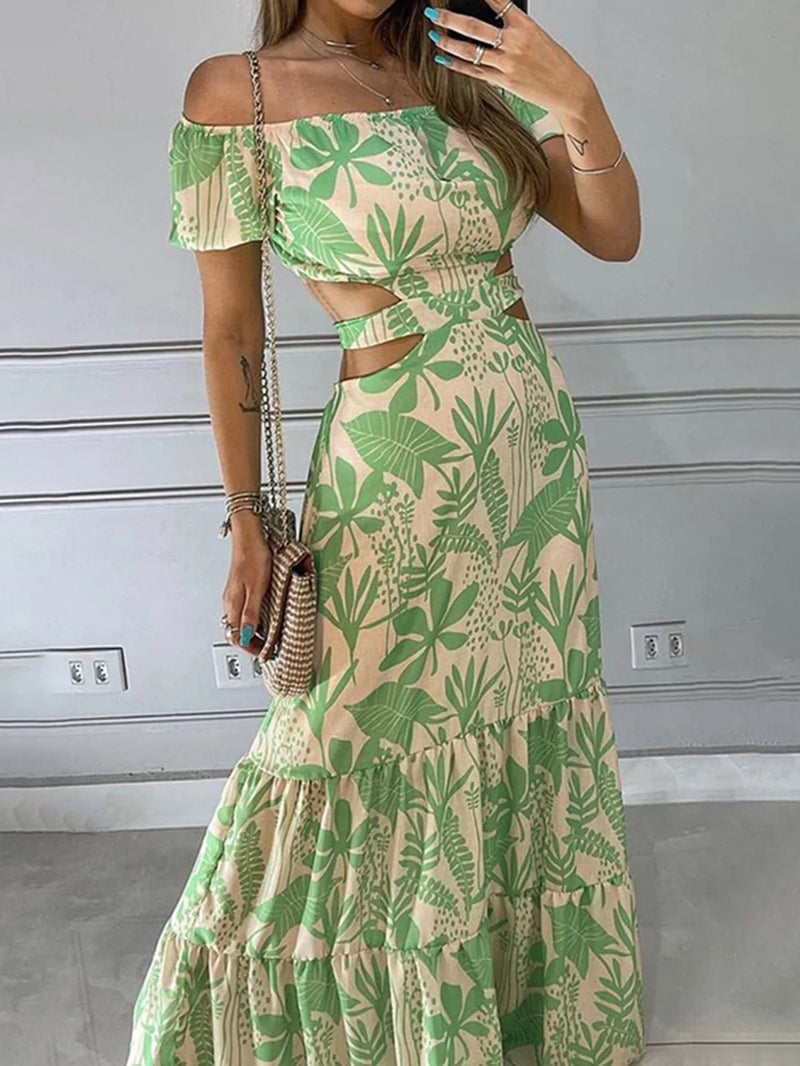 Tropical Print Off Shoulder Cut Out Maxi Dress