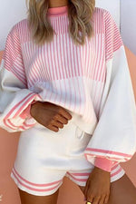 Gradient Stripe Puff Sleeve Sweater Shorts Set