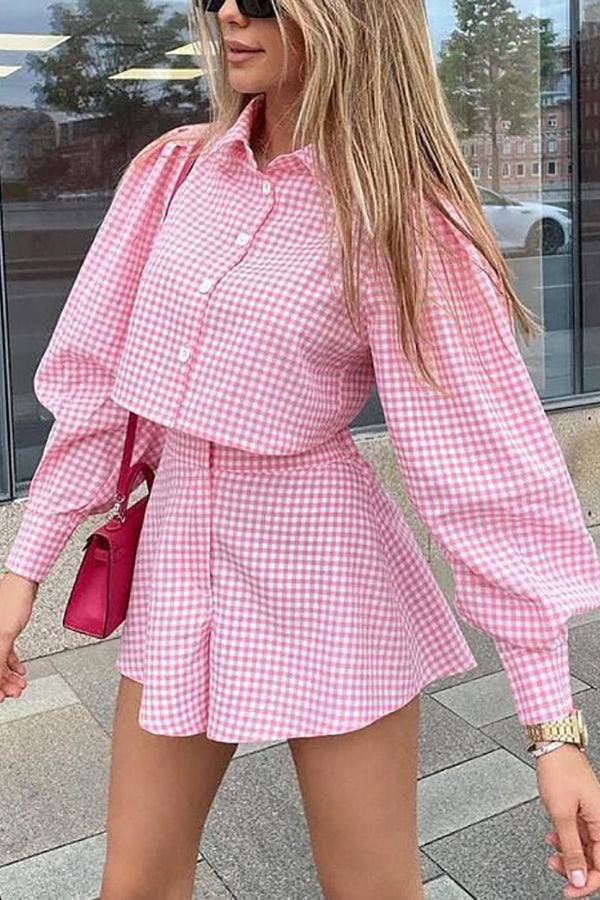 Plaid Button Crop Shirt Shorts Set