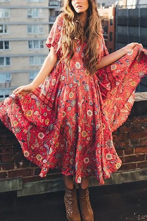 Floral Print V Neck Maxi Dress