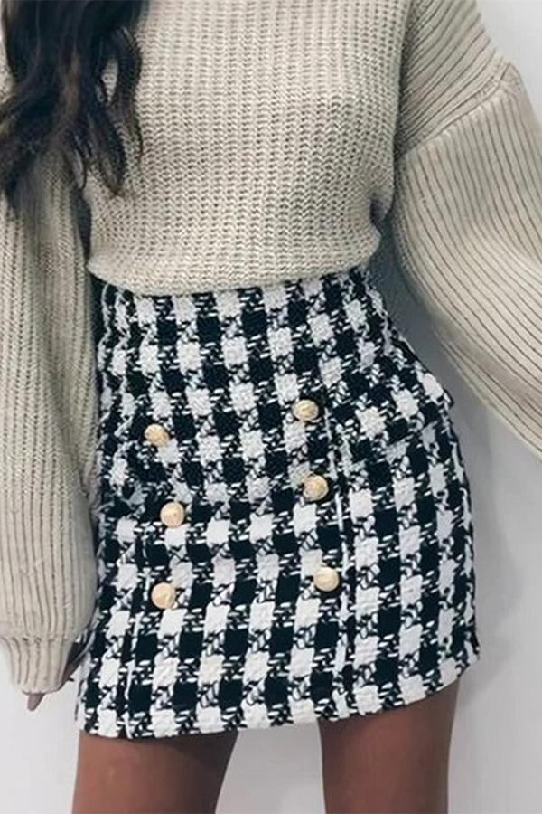 Double-breasted metal buckle houndstooth tweed slim bag hip miniskirt skirt