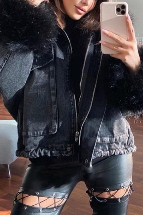 Detachable Fuzzy Faux Fur Collar Denim Coat