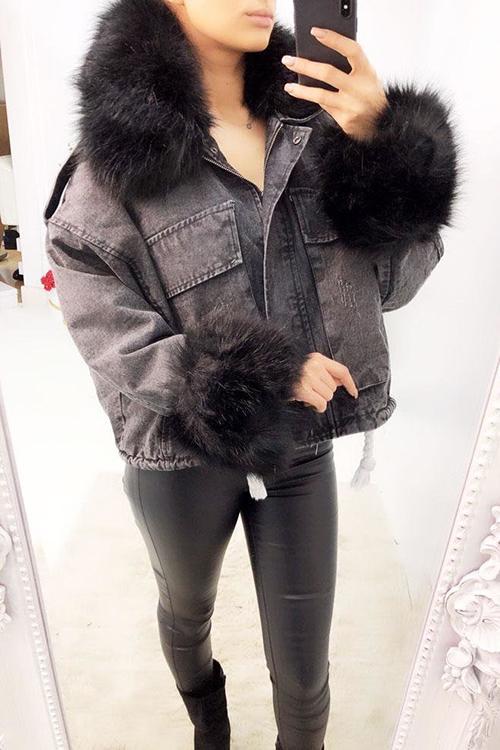 Detachable Fuzzy Faux Fur Collar Denim Coat