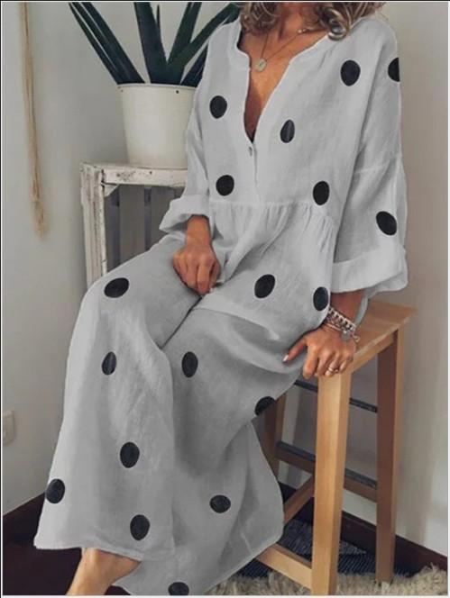 Deep v neck dot printed cotton and linen maxi dress