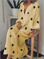 Deep v neck dot printed cotton and linen maxi dress