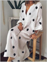 Deep v neck dot printed cotton and linen maxi dress