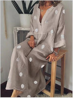 Deep v neck dot printed cotton and linen maxi dress