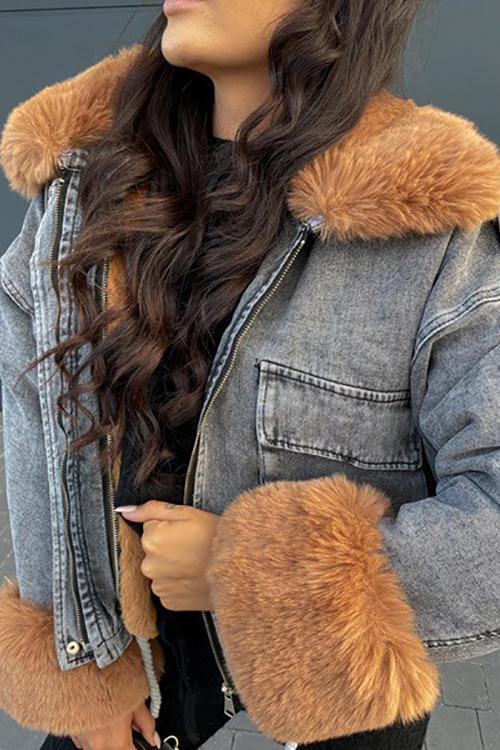 Detachable Fuzzy Faux Fur Collar Denim Coat