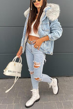 Fake Fur Collar Denim Coat