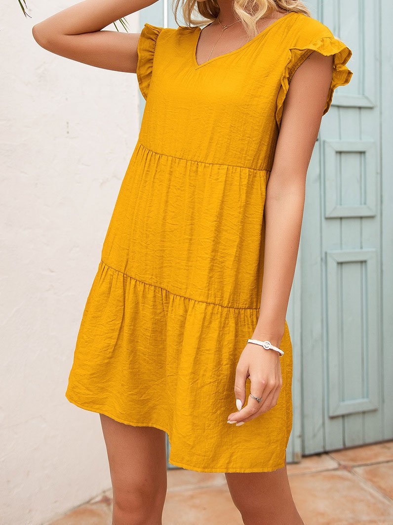 Loose V-neck Fungus Sleeve Mini Dress