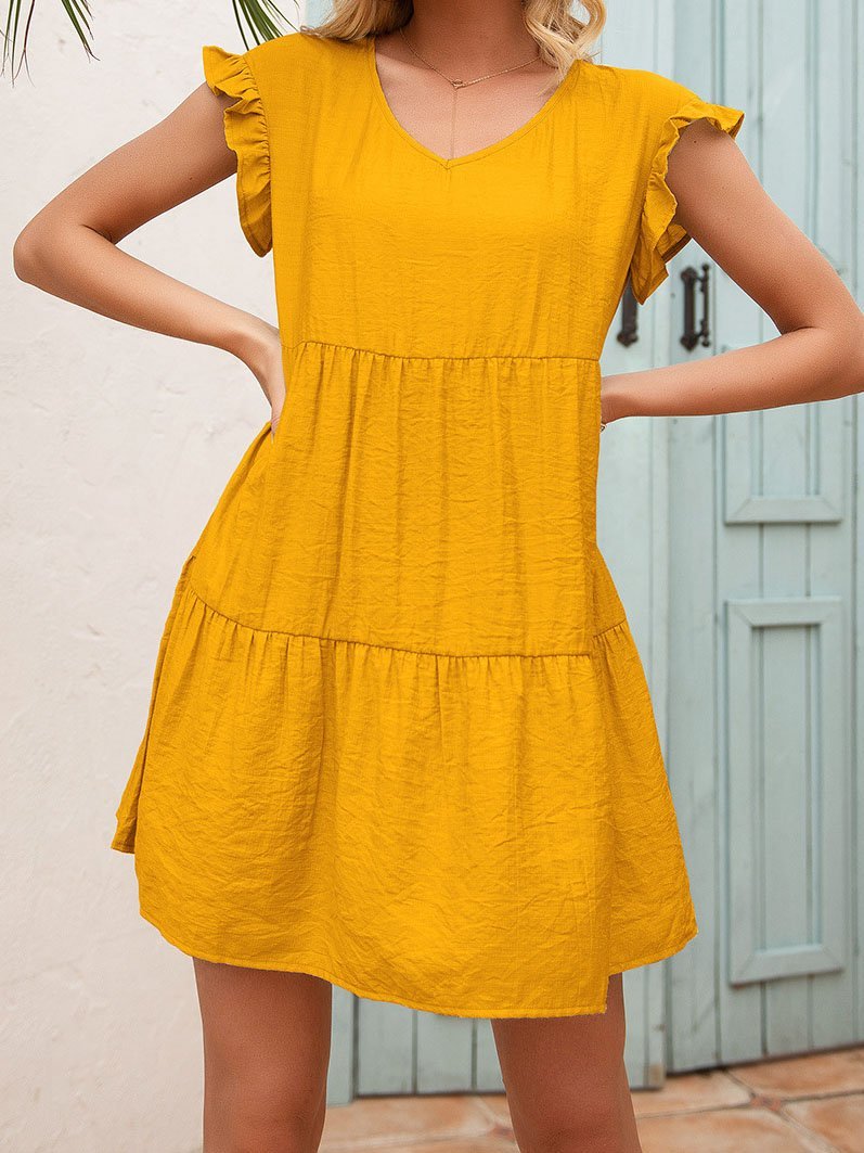 Loose V-neck Fungus Sleeve Mini Dress