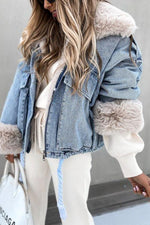 Detachable Fuzzy Faux Fur Collar Denim Coat