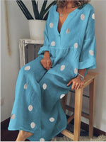 Deep v neck dot printed cotton and linen maxi dress