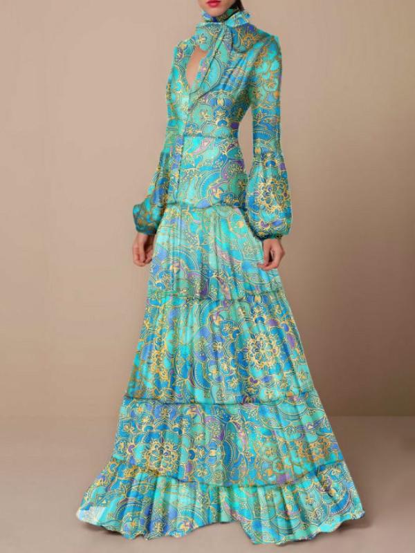 Slim puff sleeve printed long dress