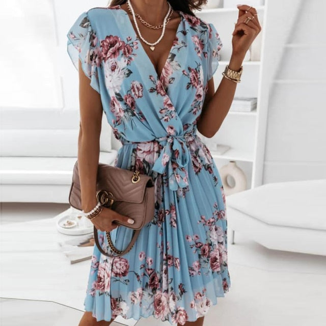 Floral Print Short Sleeve V-Neck Pleated Mini Dress