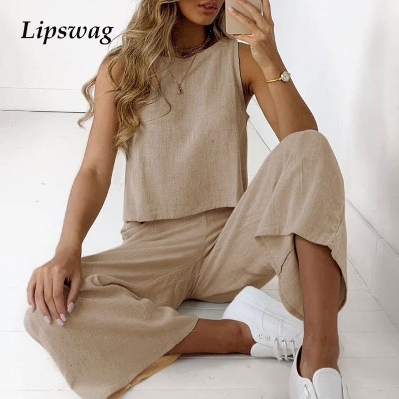 2 Piece Casual Sleeveless O-neck Shirt Loose Pants Suits Set