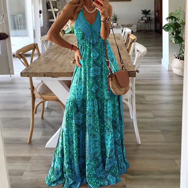 Sexy V Neck Vintage Printed Boho Long Maxi Dress