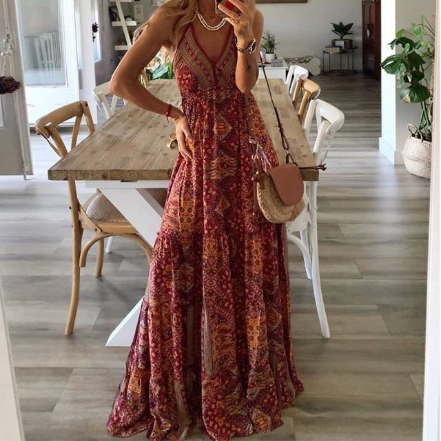 Sexy V Neck Vintage Printed Boho Long Maxi Dress