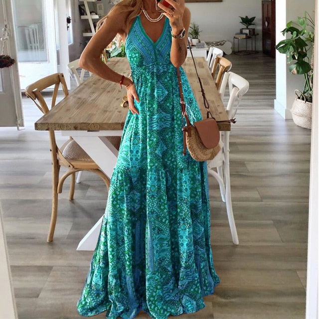 Sexy V Neck Vintage Printed Boho Long Maxi Dress