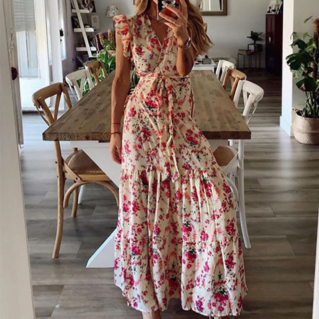 Sexy V Neck Vintage Printed Boho Long Maxi Dress