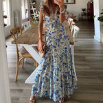 Sexy V Neck Vintage Printed Boho Long Maxi Dress