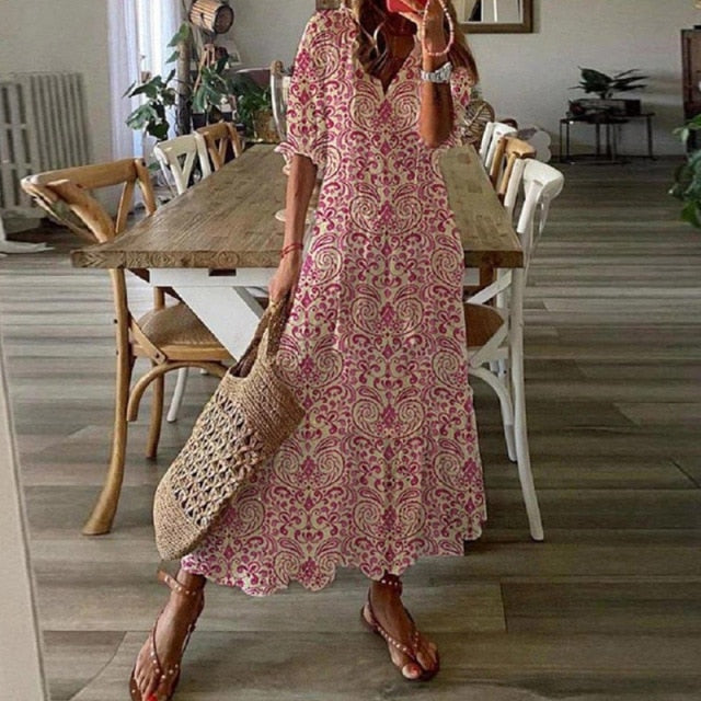 Sexy V Neck Vintage Printed Boho Long Maxi Dress