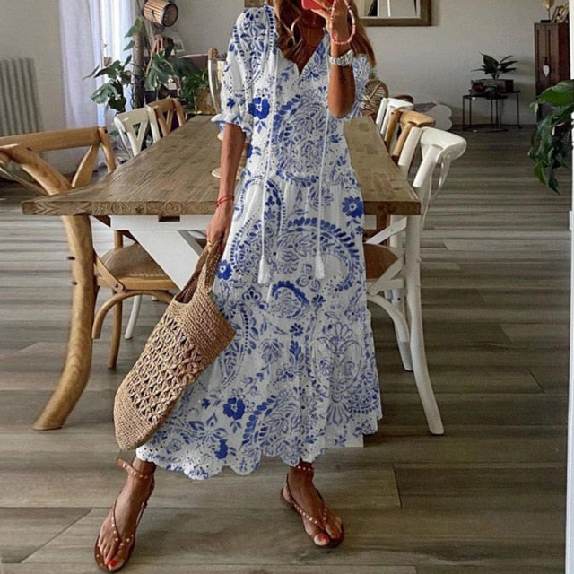 Sexy V Neck Vintage Printed Boho Long Maxi Dress