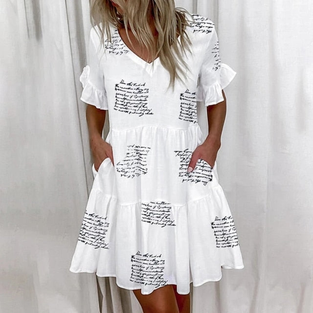 Elegant V-Neck Short Sleeve Patchwork Ruffle Mini Dress