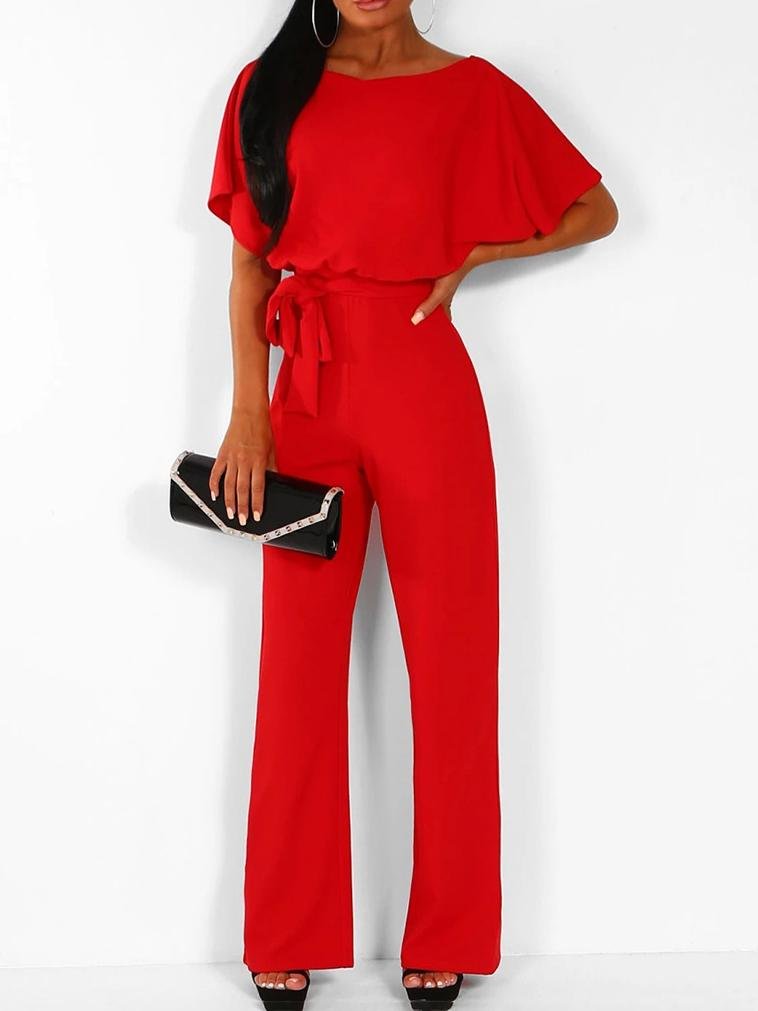 Solid Lace-up Short-sleeved Women's Jumpsuit