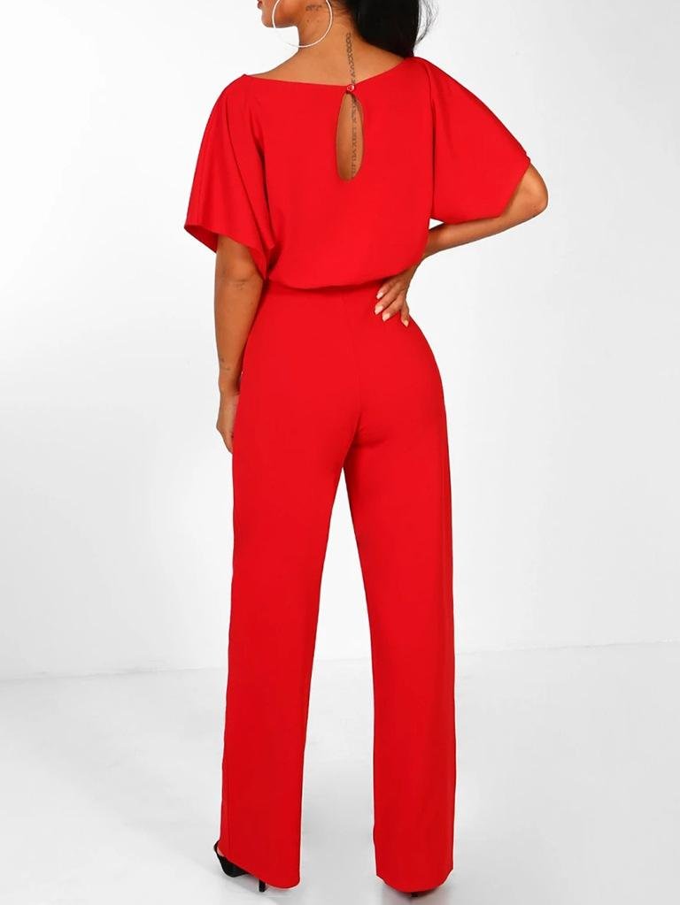 Solid Lace-up Short-sleeved Women's Jumpsuit