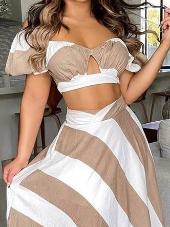 Women's Sets Striped Crop Hollow Top & Skirt Two-Piece Set