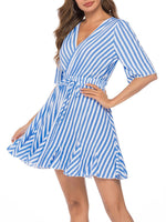 Summer V-neck Striped Belt Mini Dress