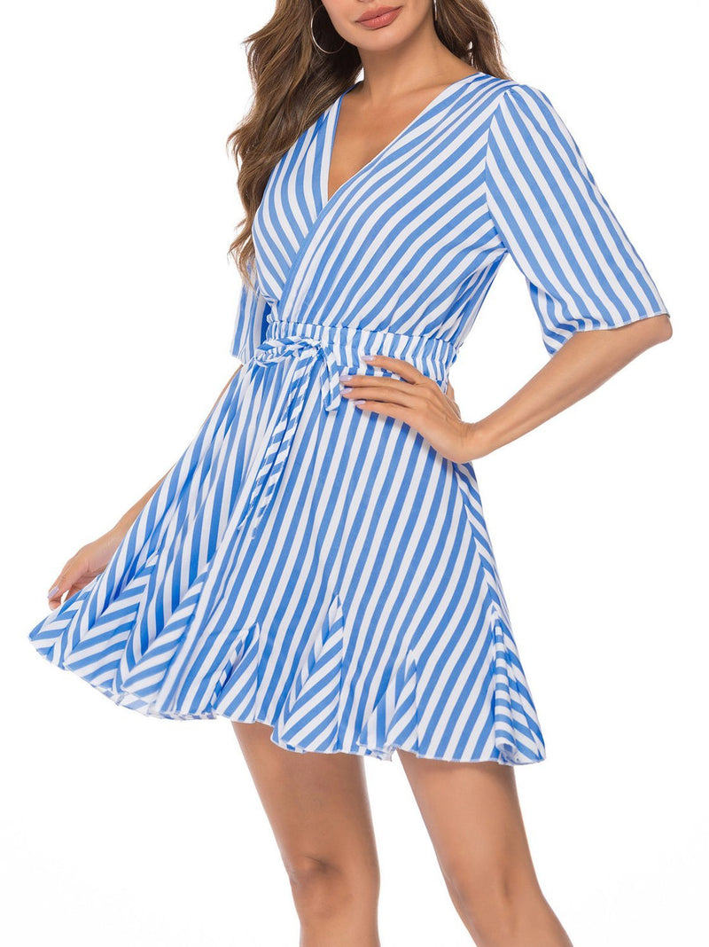 Summer V-neck Striped Belt Mini Dress