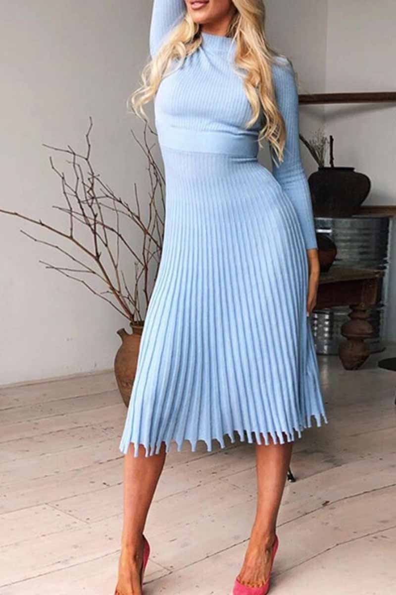 Florcoo Solid Color Loose Pleated Knitted Midi Dresses