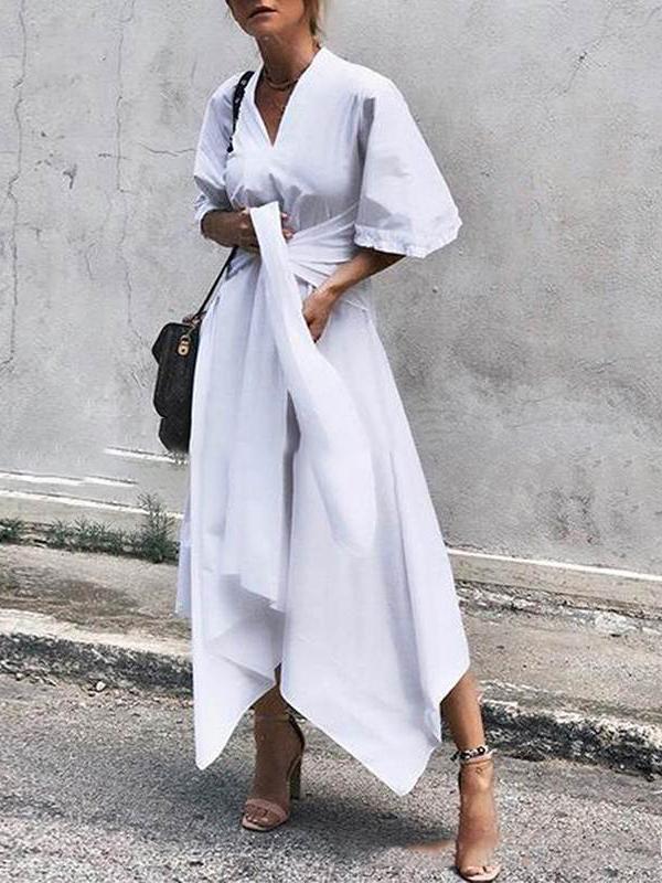 V-Neck Short Sleeve Irregular Maxi Dress