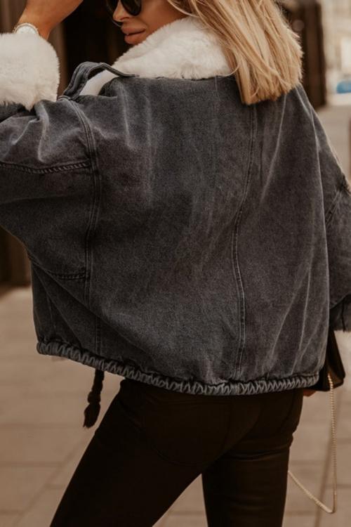 Detachable Fuzzy Faux Fur Collar Denim Coat