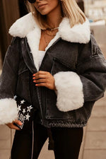 Detachable Fuzzy Faux Fur Collar Denim Coat