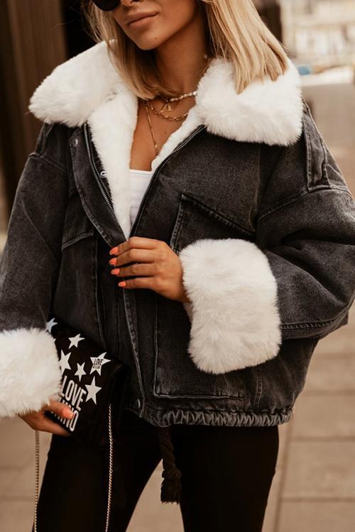 Detachable Fuzzy Faux Fur Collar Denim Coat