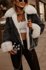 Detachable Fuzzy Faux Fur Collar Denim Coat