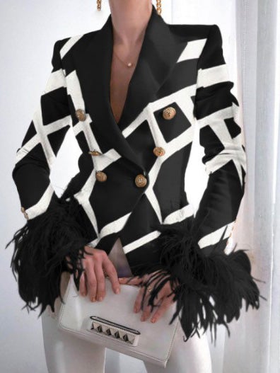 Women's Blazers Fashion Print Button Long Sleeve Feather Blazer