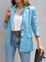 Women's Blazers Solid Notched Lapel Flip Pocket Pu Leather Blazer