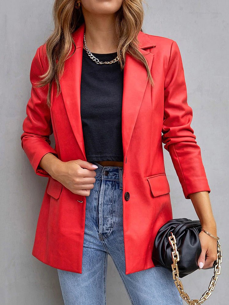 Women's Blazers Solid Notched Lapel Flip Pocket Pu Leather Blazer