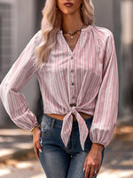 Women's  Blouses Fashion Slim V-Neck Stripe Long Sleeve  Blouse