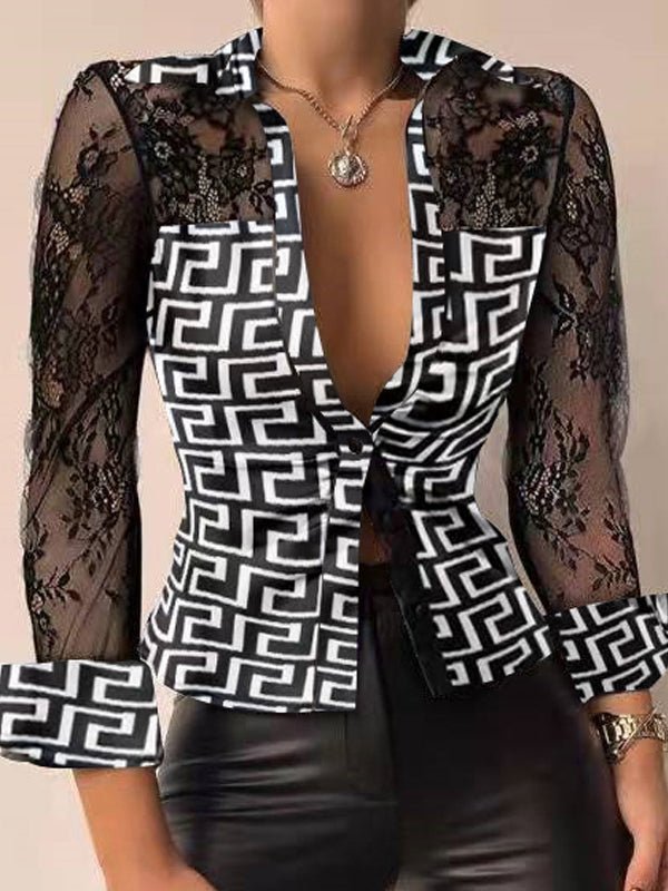 Women's Blouses Long Sleeves V Neck Printed Lace Blouse