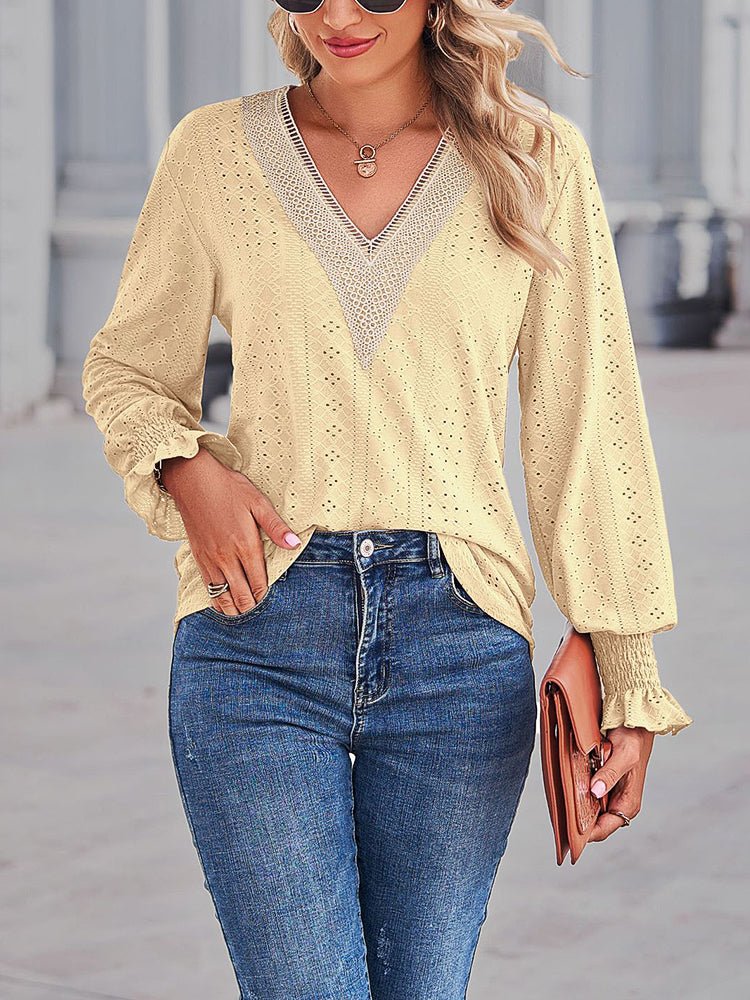 Women's  Blouses Loose Cut Out Lace Panel V-Neck Lace  Blouse