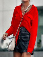 Women's Blouses Simple Solid Lapel Pocket Long Sleeve Blouse